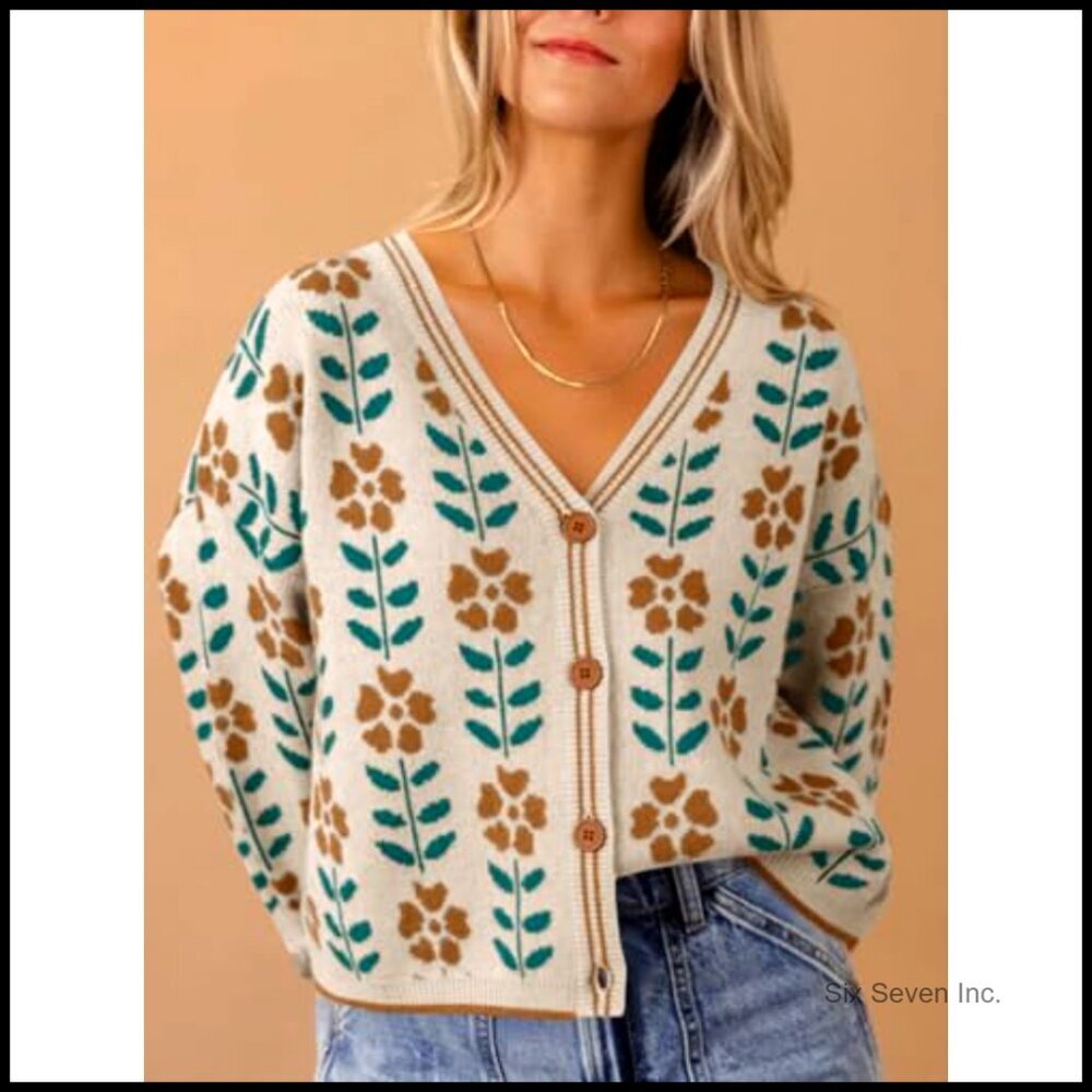 Floral Print V-Neck Cardigan Open Front Button Down Knit Sweater Long Sleeve - Picture 2 of 7